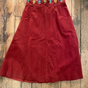 Embroidered Red Corduroy Skirt